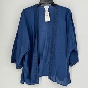 J Jill Deep Sea Blue Linen Blend Kimono Cardigan Open Front Embroidered Size S L